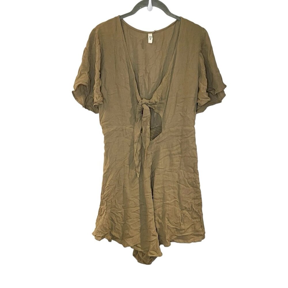 Elan Gauzy Brown Tie Front Cutout Short Sleeve V-Neck Romper One‎ Piece Beach M